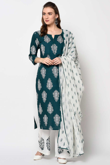Buy Rayon Block Printed Ready to Wear Suit Set in Teal Green Online