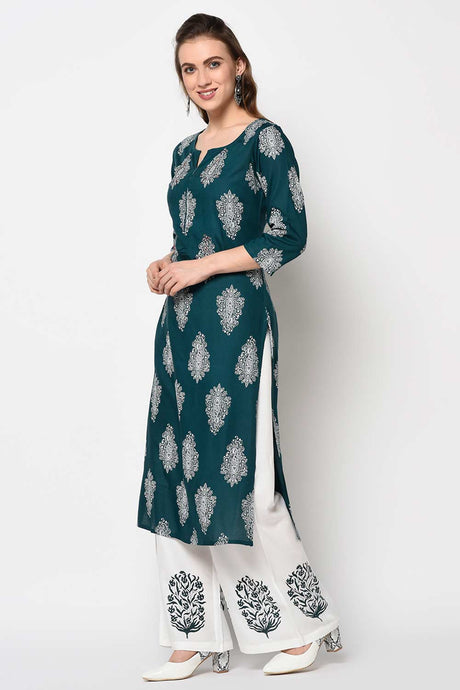 Buy Rayon Block Printed Ready to Wear Suit Set in Teal Green Online - Back