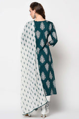 Buy Rayon Block Printed Ready to Wear Suit Set in Teal Green Online - Front
