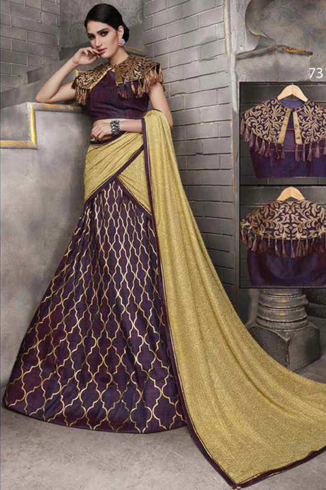 Buy Purple Tussar Silk Foil Print And Cut embroidery Lehenga Set Online