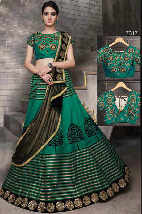 Buy Dark Green Tussar Silk Floral Foil Print And embroidery Stone work Lehenga Set Online