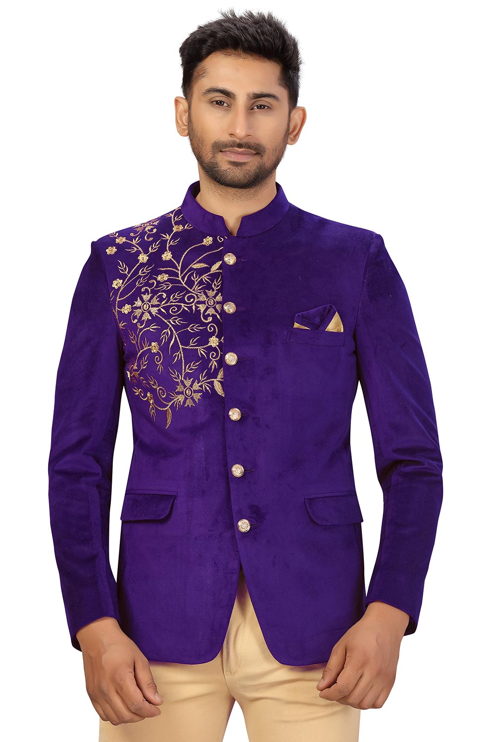 Buy Men's Velvet Embroidery Jodhpuri Set in Purple Online - Front