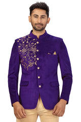 Buy Men's Velvet Embroidery Jodhpuri Set in Purple Online - Front