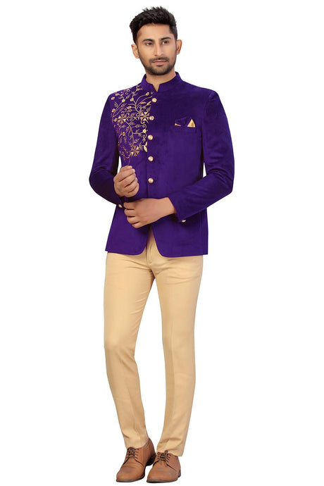 Buy Men's Velvet Embroidery Jodhpuri Set in Purple Online