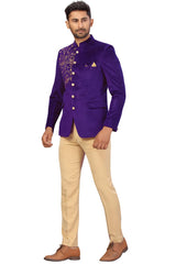 Buy Men's Velvet Embroidery Jodhpuri Set in Purple Online - Back