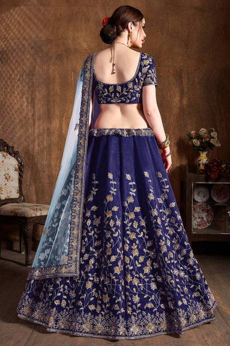 Navy Blue Raw Silk Badla And Sequins Embroidery Lehenga Set