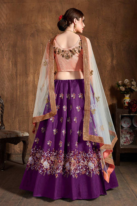 Purple Raw Silk Sequins Resham Thread And Embroidery Lehenga Set
