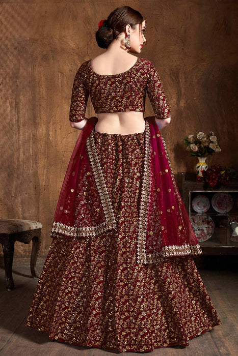 Zari And Sequins Embroidered Velvet Dark Maroon Bridal Lehenga Blouse