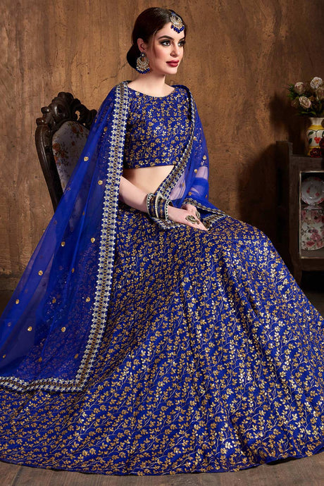 Royal Blue Raw Silk Zari And Sequins Heavy Embroidery Work Lehenga Set