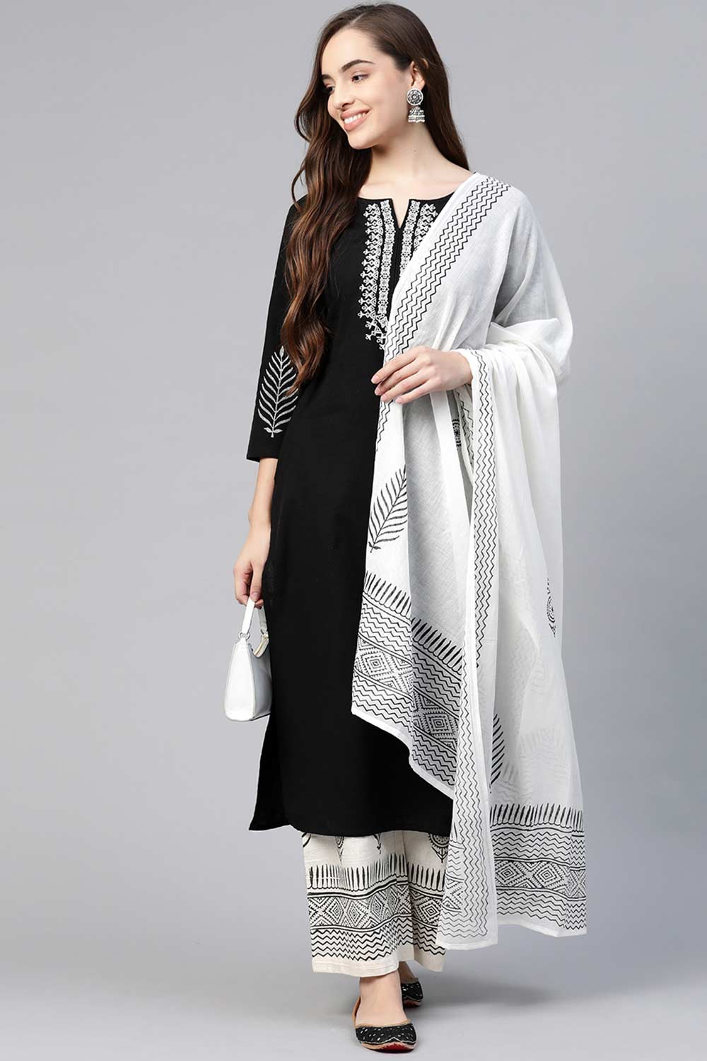 Buy Pure Cotton Embroidered Ready to Wear Suit Set in Black Online