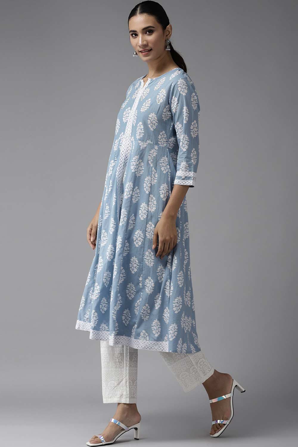 Buy Pure Cotton Batik Block Print Ready to Wear Suit Set in Blue Online - Back