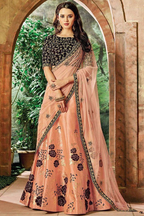 Buy Peach Silk Foiling  And Cord and sequins embroidery Lehenga Set Online