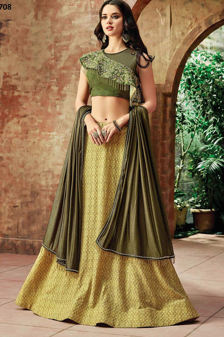 Buy Yellow Fancy Lycra Thread and cord embroidery And bugle bead tassels Lehenga Set Online