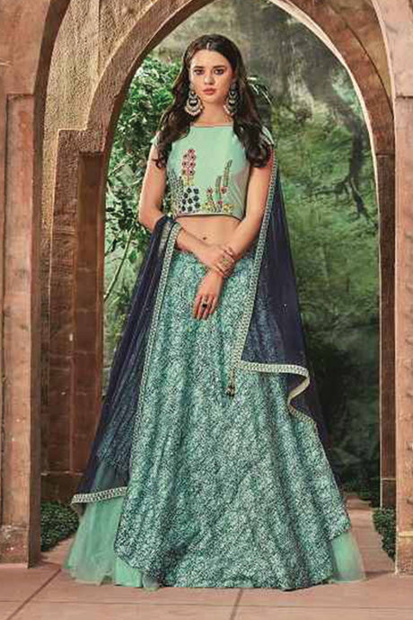 Buy Sea Blue Silk And Net Thread Embroidery Lehenga Set Online