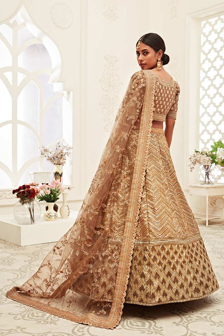 Brown Slub Silk Zari And Sequins Embroidery Work Lehenga Set