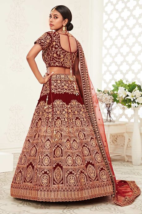 Red Velvet Zari And Sequins Embroidery Work Lehenga Set