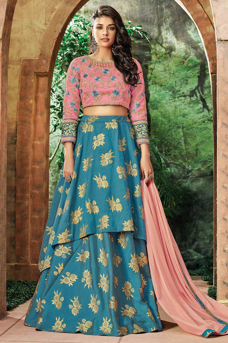 Buy Blue Silk Thread and cord embroidery Lehenga Set Online - Back