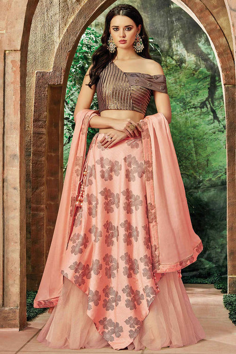 Buy Peach Silk And Net Foil Printing And Sequins and Thread embroidery Lehenga Set Online