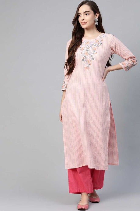 Buy Blended Cotton Embroidered Kurta Top in Pink Online