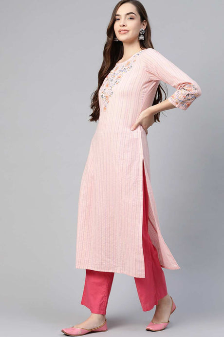 Buy Blended Cotton Embroidered Kurta Top in Pink Online - Back