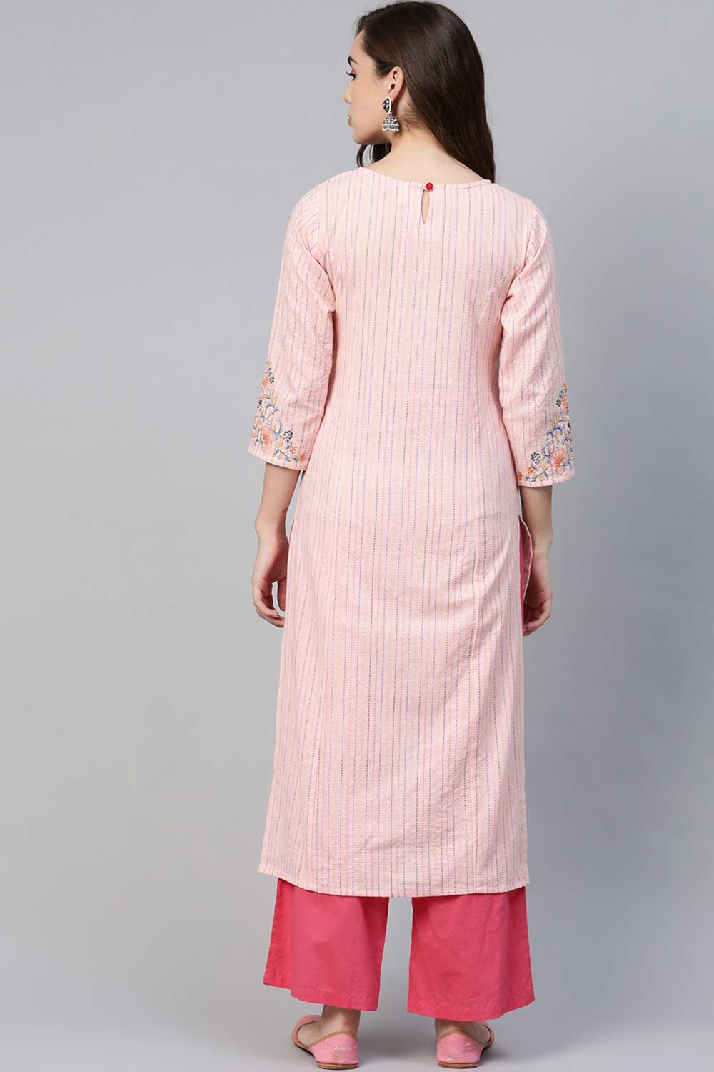 Buy Blended Cotton Embroidered Kurta Top in Pink Online - Front