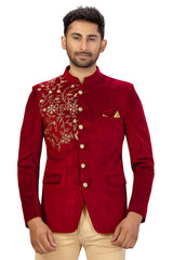 Buy Men's Velvet Embroidery Jodhpuri Set in Red Online - Front