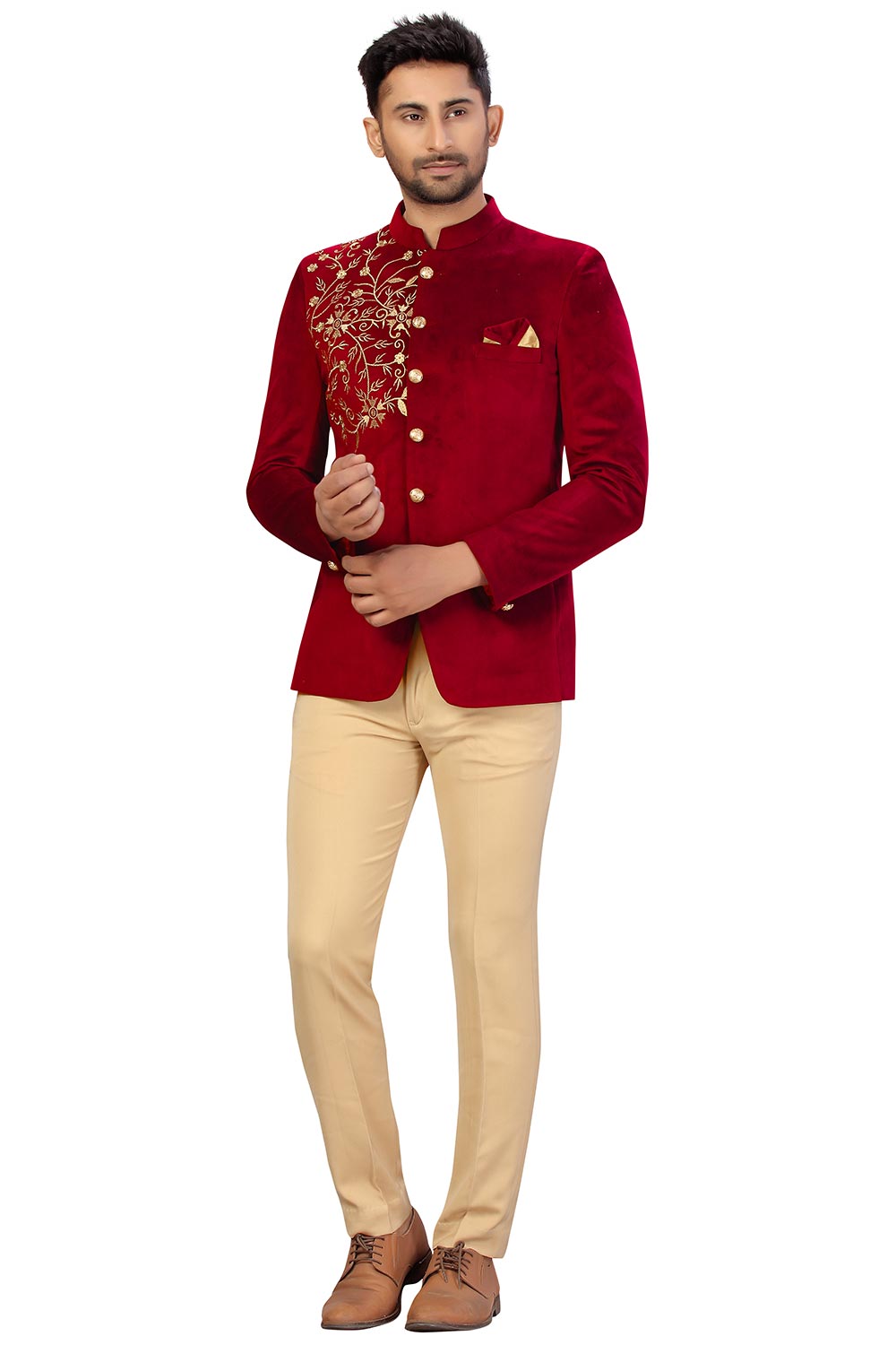 Buy Men's Velvet Embroidery Jodhpuri Set in Red Online