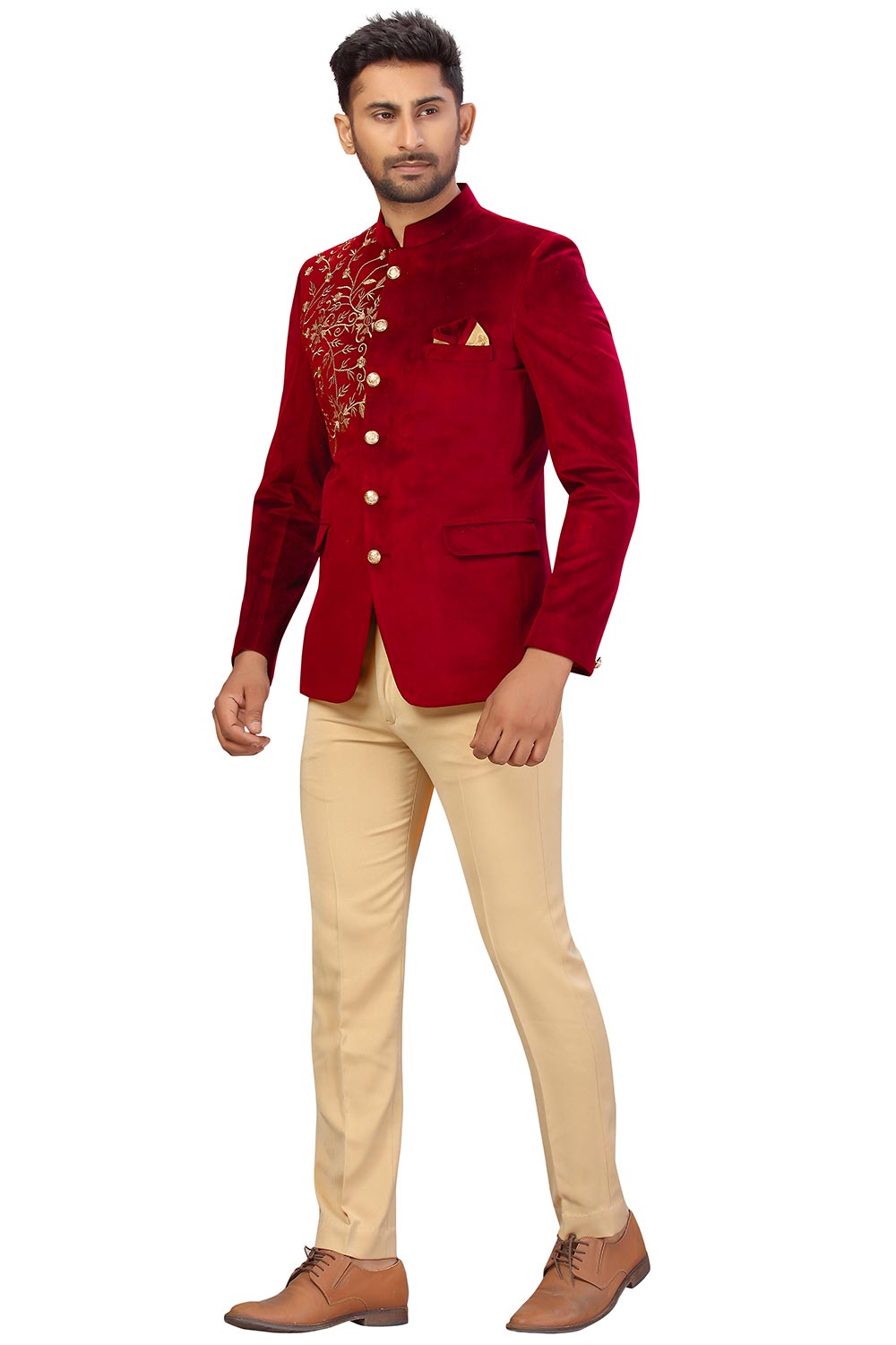 Buy Men's Velvet Embroidery Jodhpuri Set in Red Online - Back