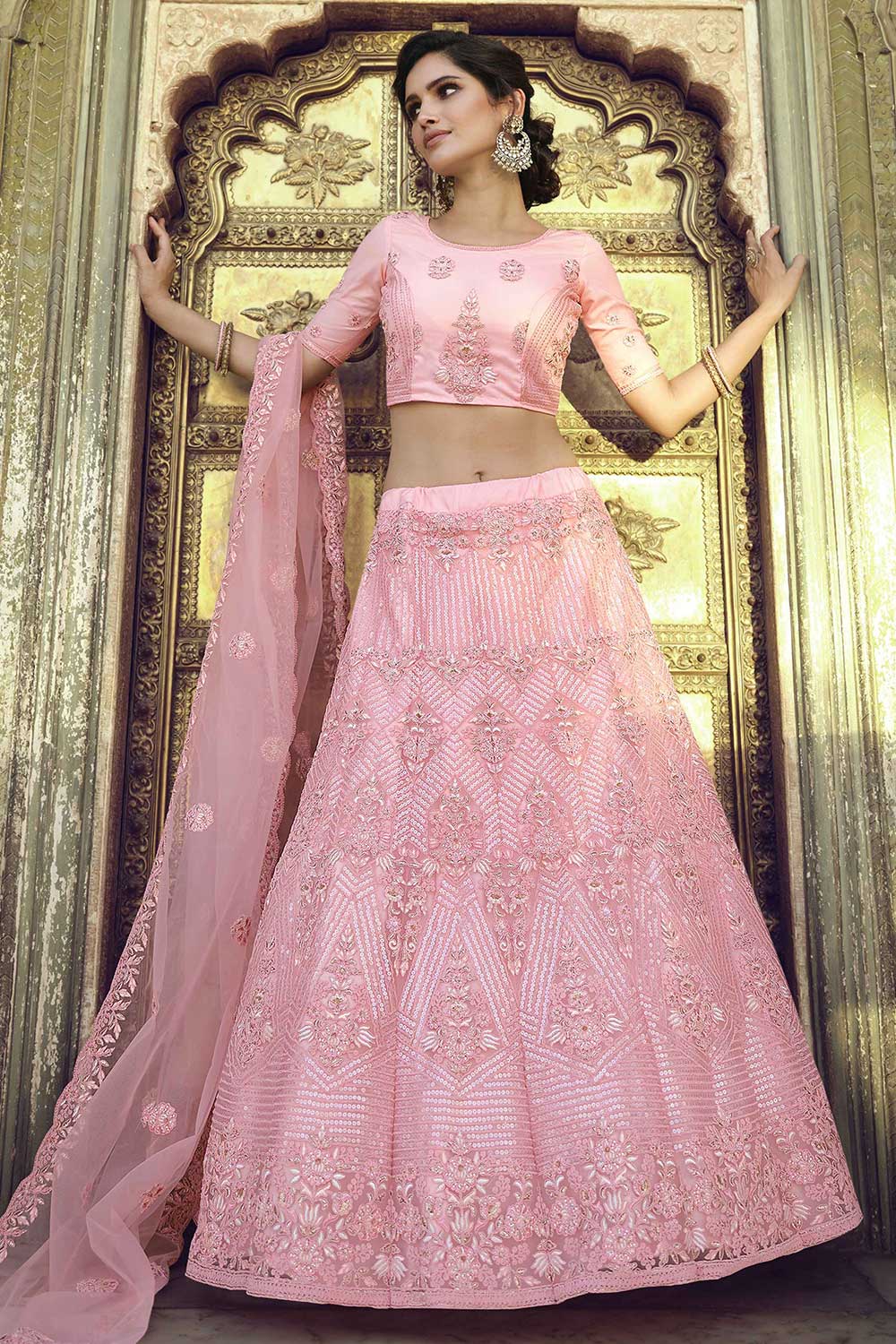 Peach Net Embroidered Lehenga Choli