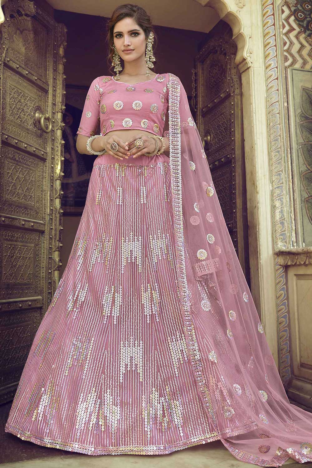 Pink Net Embroidered Lehenga Choli