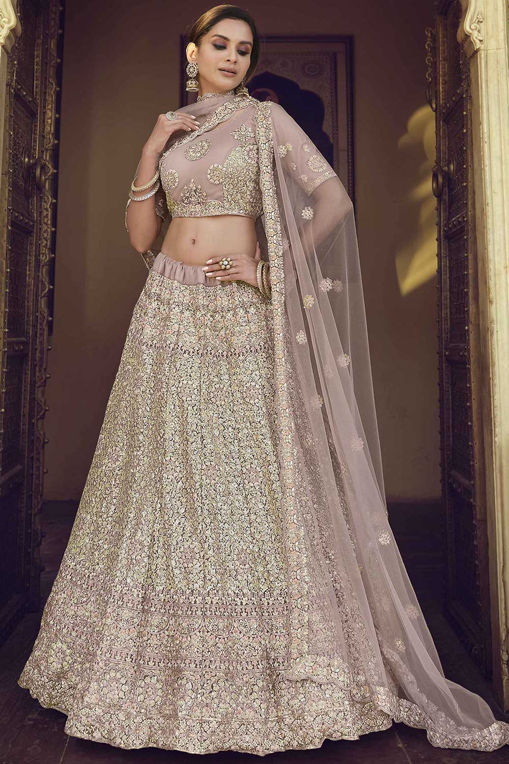 Mauve Net Embroidered Lehenga Choli