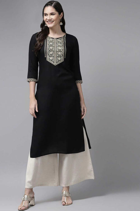Buy Viscose Rayon Embroidered Kurta Top in Black Online