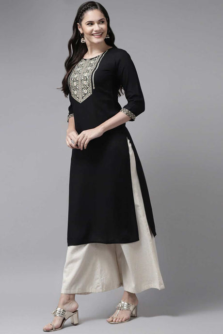 Buy Viscose Rayon Embroidered Kurta Top in Black Online - Back