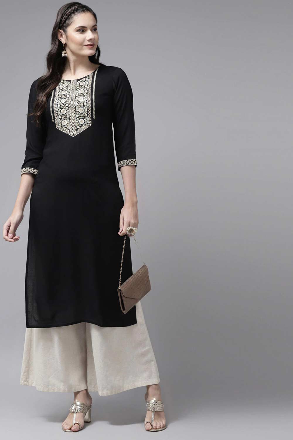 Buy Viscose Rayon Embroidered Kurta Top in Black Online - Side