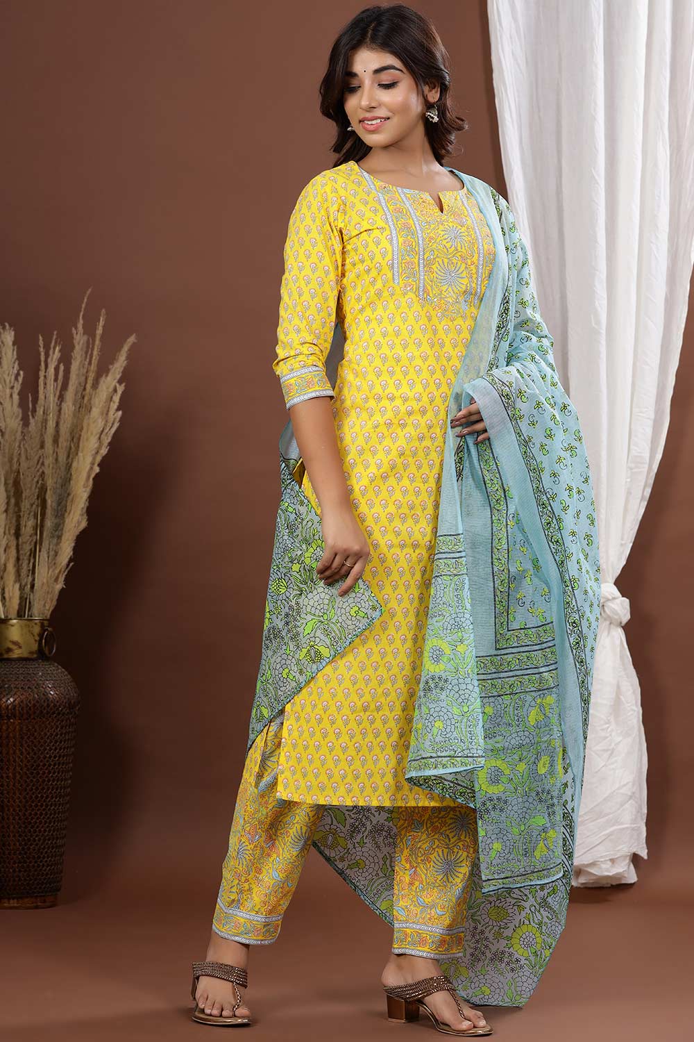 Buy Pure Cotton Block Printed Ready to Wear Suit Set in Yellow Online