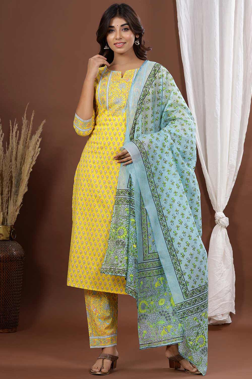 Buy Pure Cotton Block Printed Ready to Wear Suit Set in Yellow Online - Back