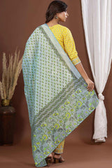 Buy Pure Cotton Block Printed Ready to Wear Suit Set in Yellow Online - Front