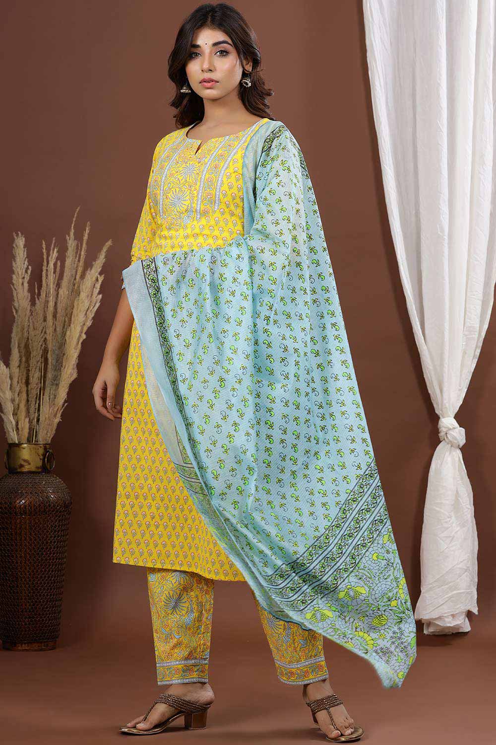 Buy Pure Cotton Block Printed Ready to Wear Suit Set in Yellow Online - Side