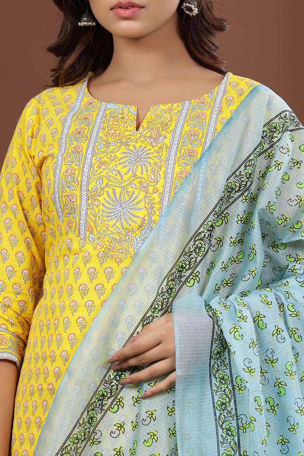 Buy Pure Cotton Block Printed Ready to Wear Suit Set in Yellow Online - Zoom In