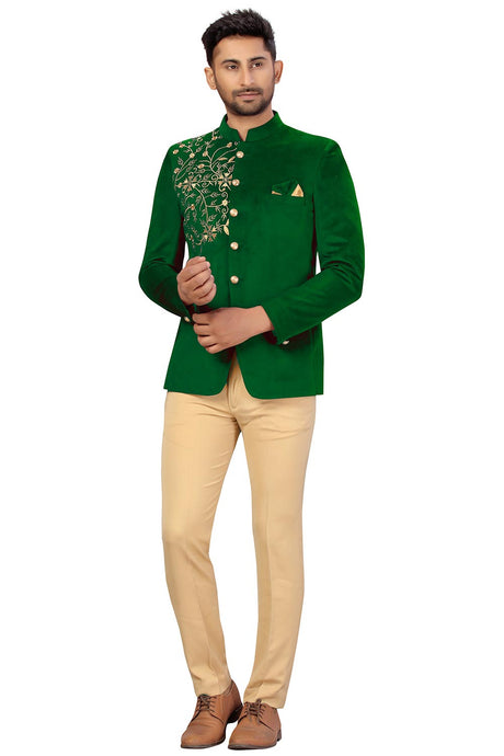 Buy Men's Velvet Embroidery Jodhpuri Set in Green Online