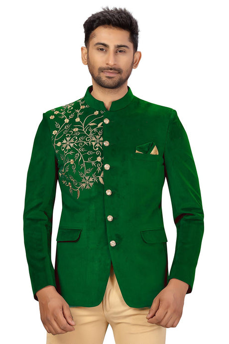 Buy Men's Velvet Embroidery Jodhpuri Set in Green Online - Back