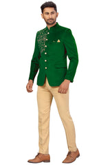 Buy Men's Velvet Embroidery Jodhpuri Set in Green Online - Front