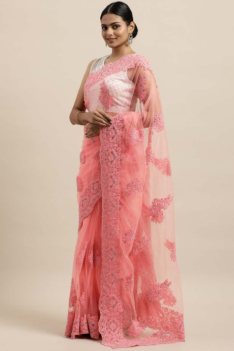 Net Embroidered Saree In Pink