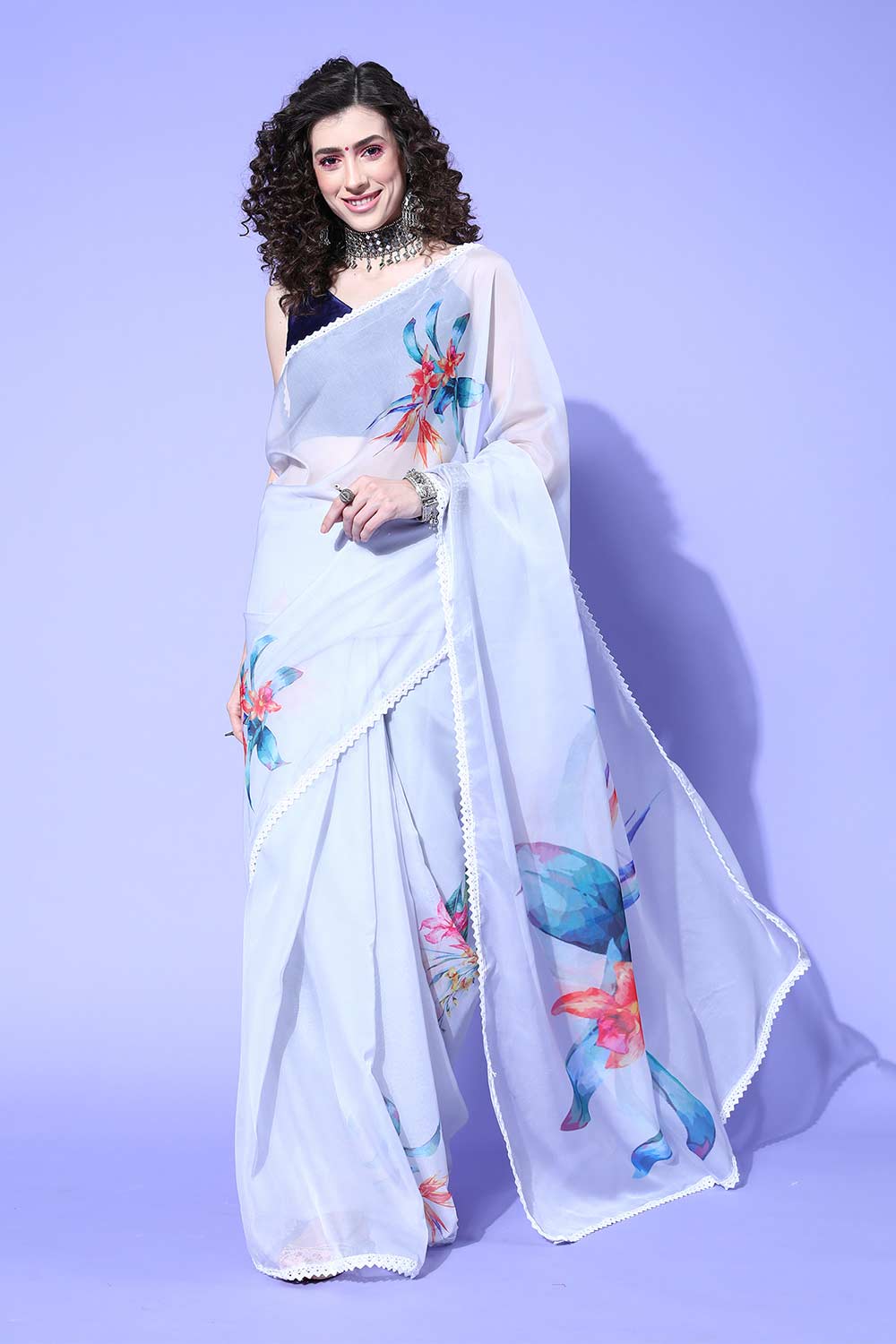 Grey Organza Floral Digital Print Saree