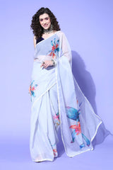 Grey Organza Floral Digital Print Saree