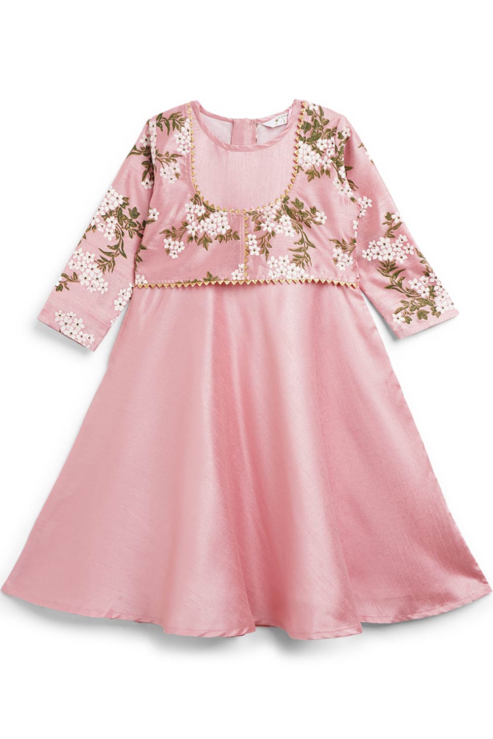 Girls Pink Poly Silk Solid Kids Kurta Dress With Printed Jacket