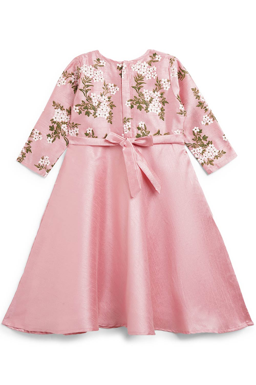 Girls Pink Poly Silk Solid Kids Kurta Dress With Printed Jacket
