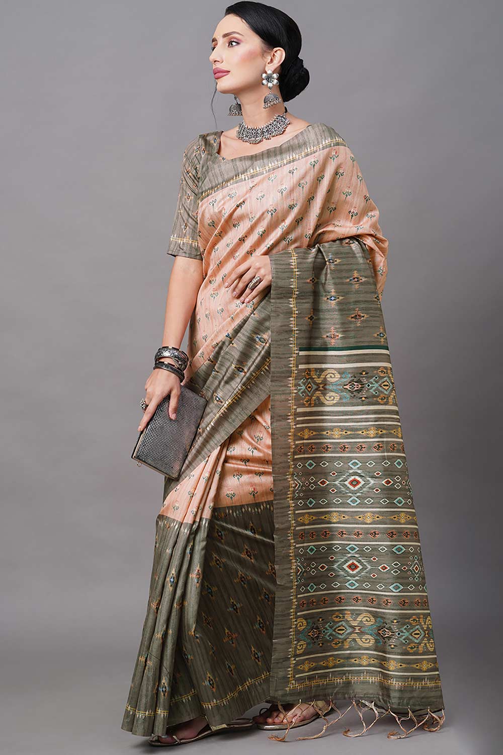 Bhagalpuri Silk Peach Digital Print Designer Saree