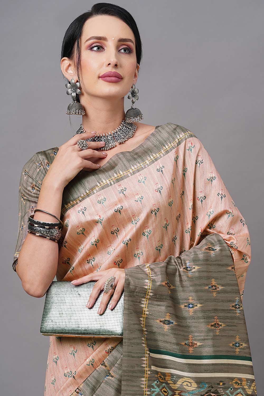 Bhagalpuri Silk Peach Digital Print Designer Saree