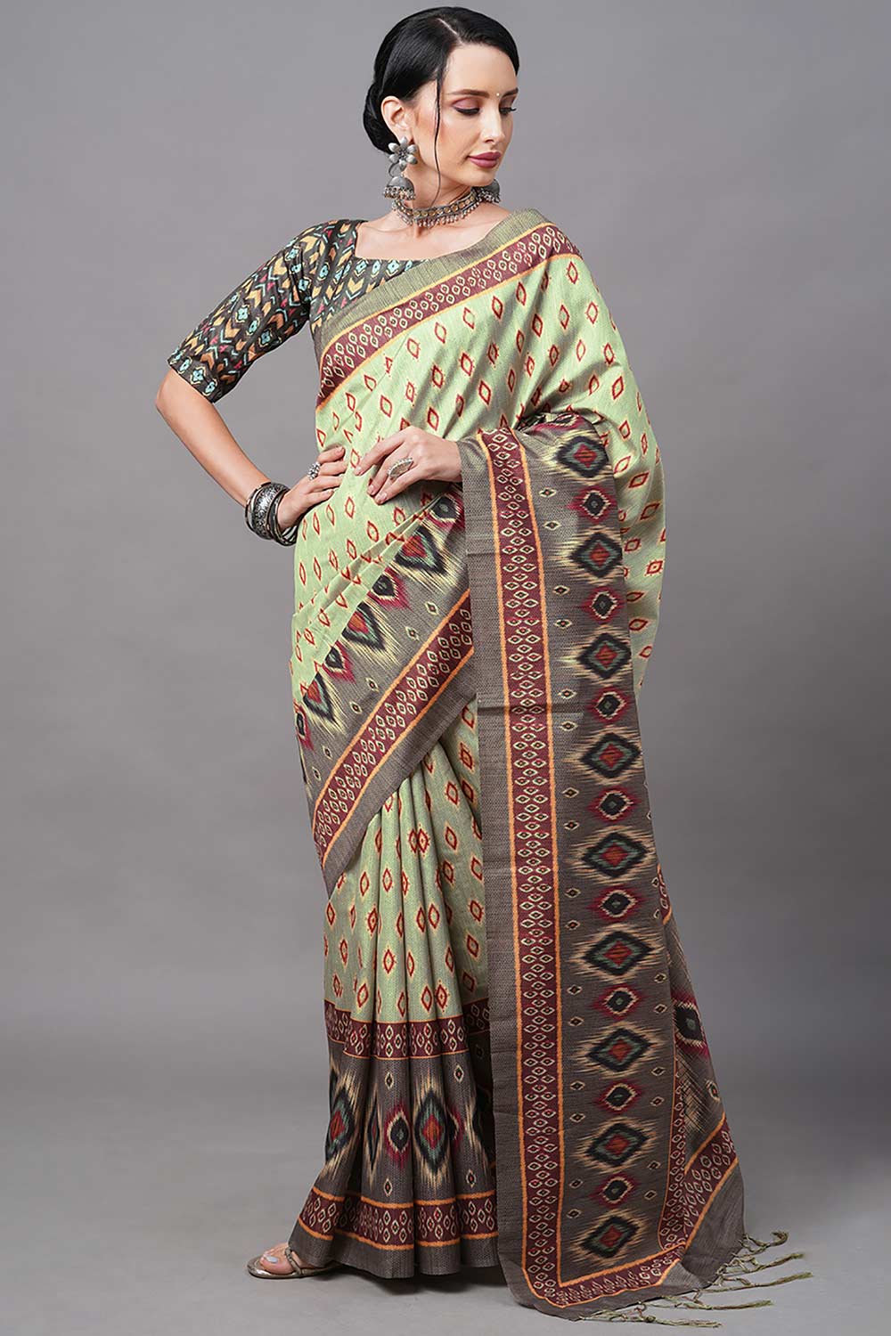 Bhagalpuri Silk Olive Digital Print Designer Saree